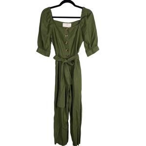 Gal Meets Glam Size 0 Olive Green Sylvie Linen Jumpsuit Wide Leg Belt Button